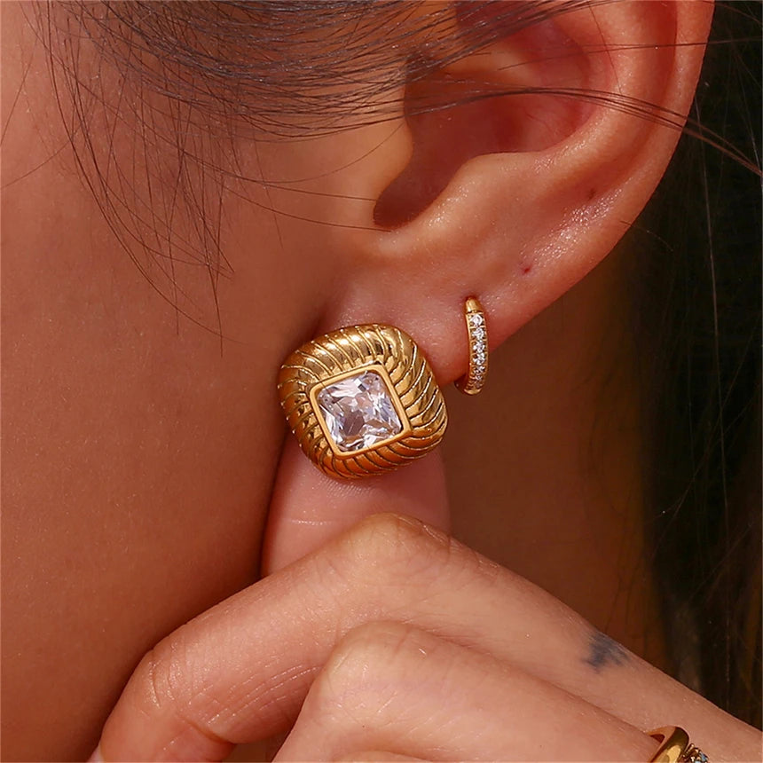 Luxurious Zircon Earrings with Square Texture